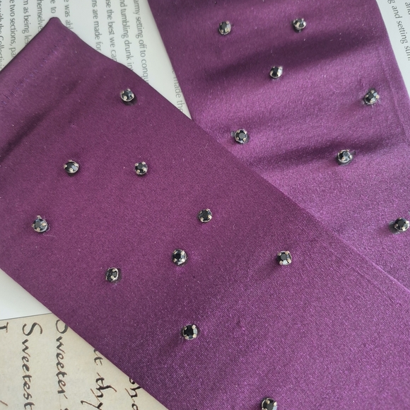 Elegant Purple Satin Look Stretchy Gloves with Glued Black Rhinestones - Picture 7 of 7
